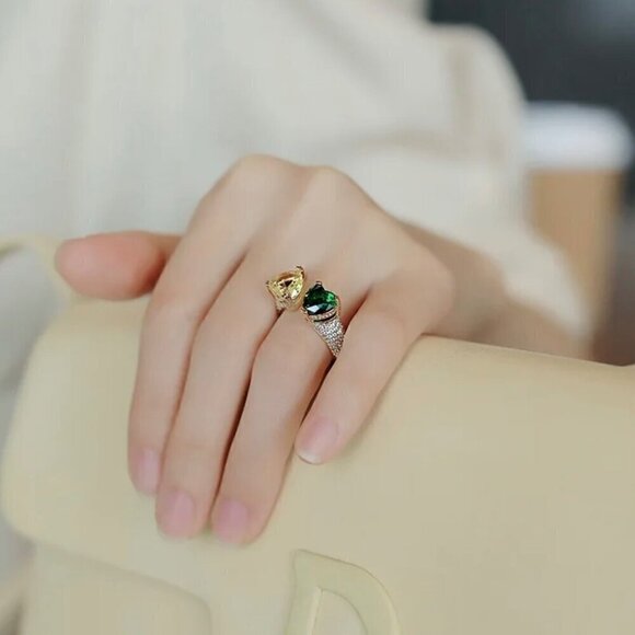 NWT Cocktail Heart Ring 18K Gold Plated Green Yellow CZ Open Adjustable Glam - Picture 6 of 7